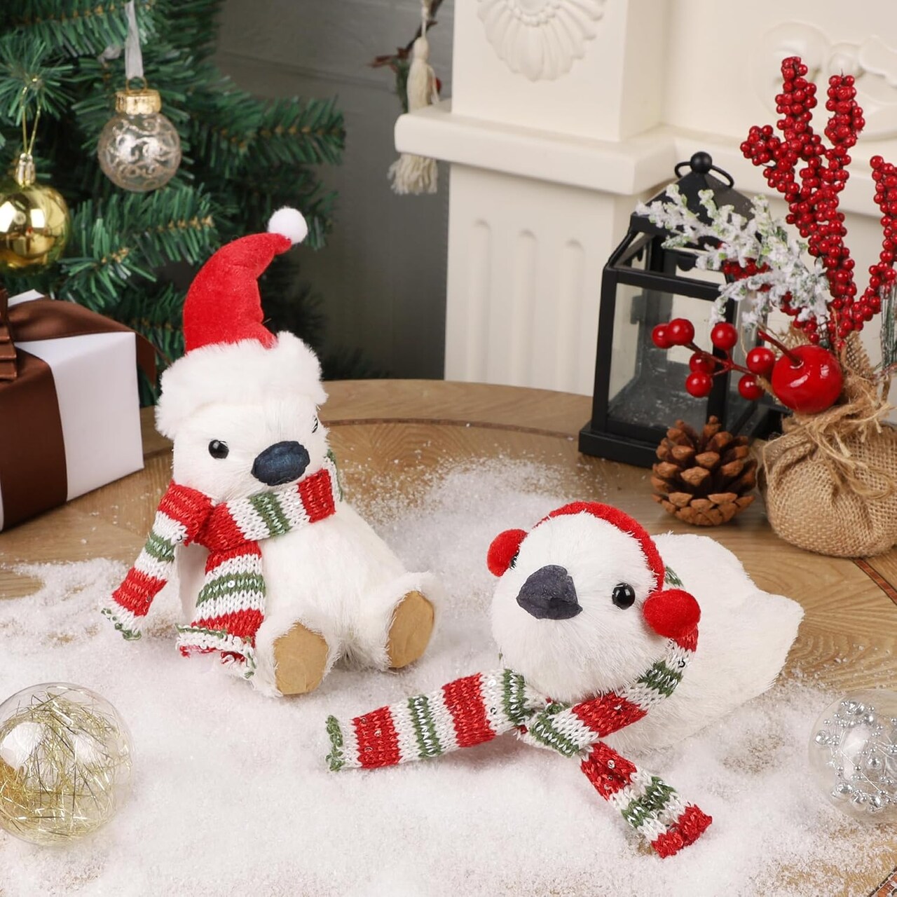 2 Pack Christmas Penguin Decorations Indoor, Penguins Tabletop Ornament with Hat Scarf for Xmas Home Decor, Penguin Gifts Holiday Figurines for Mantel Office Desk Centerpiece